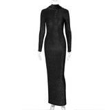 Sparkle Solid Pure Color Shinny Long Sleeves Maxi Dress Backless Body-Shaping Clubwear Birthday Party Wholesale-Outfit