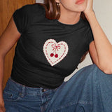 Basic Cherry Heart-Shaped Printed Round Collar Slim Red Short-Sleeved T-Shirt New Spring / Summer 2024 Style-Outfit