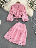 V Neck Hollow Embroidered Lantern Sleeve Short Shirt Solid Mini Skirt 2 Piece Suit Women 2024 Autumn Fashion New TH2512-Outfit