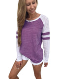 Fongt Fashion New Summer Hit-Colored Stripe Splicing Long-Sleeved T-Shirt Round Collar Top Lady