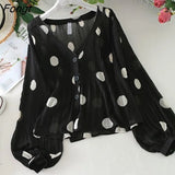 Women Summer Sun Protection Sheer Top V-Neck Polka Dot Lantern Sleeve Sexy Female Clothes All-match Daily Ulzzang