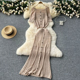 Fongt Vintage Hollow Crocheted Shoulder Sling Knitted Shirt Two Sets Of Women's Half-Dress