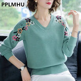 V-Neck Flower Embroidery knitted Pullovers For Women Fashion spring Elastic Sweaters Large Size Casual Knitwear Tops