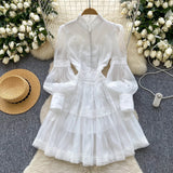 Fongt Court Lantern Sleeve Dress Girl Spring Hook Flower Embroidery Design Famous Light Luxury Royal Sister Temperament Dress