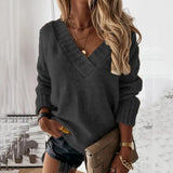 Fongt New Sweater Women's Autumn And Winter Solid Color V-Neck Long-Sleeved Knitted Shirt