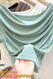 Pleated Women T-shirts 2023 Summer New Skew Collar Half Sleeved Slim Elegant Office Lady