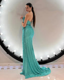 Blue Rhinestone Crop Corset And Maxi Slit Skirt Set-Outfit