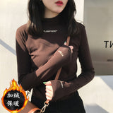 Fongt Spring 2024 Half Turtleneck Jacket Bottom Shirt Women's Letters Embroidered Slim Students Solid Color And Velvet Long Sleeve T-Shirt