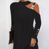 Fongt Explosion Autumn Simple Metal Buckle Hanging Neck Button Dress Women's