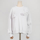 Fongt Casual Women 2025 Autumn New Three-Dimensional Flowers Stitching Design Long-Sleeved Loose Knitting Top