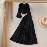 Fongt Style Pink Three-Dimensional Flower Collar Lantern Sleeve Shirt Lady Autumn High-Rise Dress Set