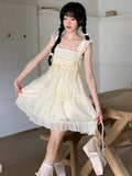 Chiffon Vintage Sweet Dress Women Flying Sleeve Lolita Kawaii Mini Dress Female Ruffles Korean Fahsion Cute Dress
