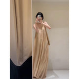 Fongt Vacation Fainting V-Neck Hanging Neck Dress Loose Belly Sleeveless Sleeve Sling Vest Long Dress