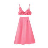 Fongt Women's Clothing In The Summer Of 2025 Fashion Two Colored Flowers Solid Colored Dress Set