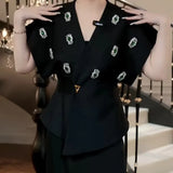 Fongt Sexy Deep V Vest Blouse 2025 Autumn New Temperament Slimming Nail Drill Senior Sense Coat Woman