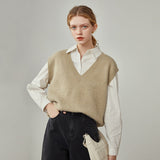 Women's Winter V-neck All-match Grey Sweater Vest Khaki Knitted Vest Pullovers Office Lady Green Retro Sweaters