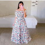 Fongt New Spring And Summer Women's Dress A Word Broken Shoulder Long Printed Fairy