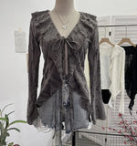 Fongt Wind To Make Old Hole Horn Long Sleeve Open Shirt Tie With Lotus Leaf Side V Collar Sunscreen Shirt 9280