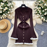 Fongt Luxury Famous Knitted Dress Woman Autumn Wooden Ear Over The Collar To Slim Beautiful Sister Mid-Long Dress