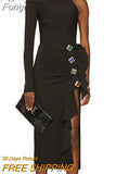 2023 New Summer Ladies Sexy One Shoulder Black Red Crystal Diamond Ruffle Bandage Dress Elegant Evening Club Party