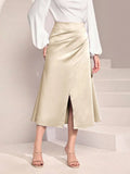 Women's High-Waisted Satin Pleated Split Skirt Solid Color Half Skirt Zipper Fishtail Hip Skirt-Outfit
