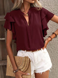 Fongt Women's Summer New V-Neck Casual Double-Layer Lotus Leaf Sleeve Solid Shirt Top