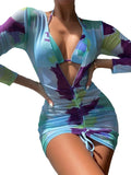 Fongt New Transparent Mesh Digital Three-Piece Print Sunscreen Beach Bikini Bathing