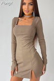 Ribbed Women Solid Long Sleeve Slit Mini Dress Square Collar Bodycon Sexy Streetwear Party Club 2023 Autumn