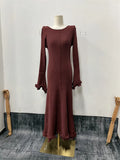 Fongt New Women's Pure-Colored Round-Neck Long Sleeves To The Wooden Ear Dress