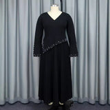 Fongt New V-Necked Horn Sleeve Simple A-Character Dress Party Banquet Nail Dress Dress