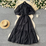Fongt Lantern Sleeve Strap With Waist Single Buckle Dress + Inside The Sling Dress Suit
