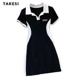 Summer Basics High Street Short Sleeve Turn-Down Collar Patchwork Golf Dresses Women's Causal High Waist Knitting