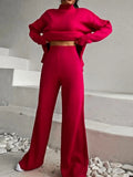 Women Knitted Suit Warm Solid Split Pullovers and Wide Pants Two-piece Suit Female Half Turtleneck Oversize Tracksuit-Outfit