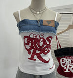 Fongt Edge Denim Spliced Letter Embroidered Sling Sling Vest T-Girls Short Top 23098