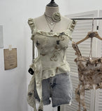 Fongt Shoot French Retro Irregular Lotus With Chest Cushions With Ribbon Sling Vest Summer Chiffon Top 9137