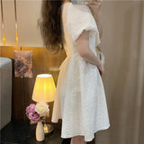 Puff Sleeve Dresses Women Bow Students Kawaii Y2k Summer Vestidos Basic Design Daily Stylish Young Preppy Sheer Retro