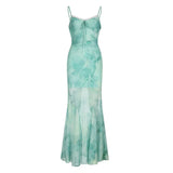 Fongt Chinese Chinese Light Green Shoulder Butterfly Print Fishtail Sling Skirt Sexy Hip Through Mesh Dress