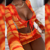 See Through Hot Sexy Women Matching Sets Bandage Long Sleeve Bodycon Club two Piece Outfits Crop Top And Skirt