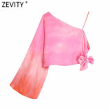 New Women Sexy Tie Dyed Printing Asymmetric Short Shirt Ladies Bow Casual Slim Blouse Roupas Chic Summer Crop Tops