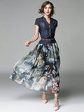 Fongt Summer New Women's Temperament Fashion Denim Dress Sleeveless Splicing Print Mid-Long