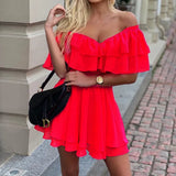 Fongt Spot 2023 Summer New One-Word Shoulder Sleeveless Flounce Sexy Mini Chiffon Dress-Outfit