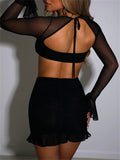 Sexy 2 Pieces Mesh Skirts Women Suits See Through Clubwear Matching Sets Long Sleeve Shirts Tops Ruffles Mini Skirts-Outfit