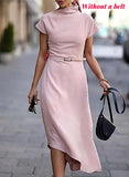 Elgant Summer Solid Color Dress Women Hight Neck Short Sleeve Work Office Dress Robe Longue With grace Women