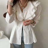 Laciness Collar Blusas Mujer Pleated Tunic Shirts Blouses Elegant Chic Fungus Shirt Tops Spring New Clothes Women-Outfit