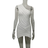 Fongt Summer Design Stitching Oblique Shoulder Hollow Perspective Solid Color Sexy Knitwear Women's Dress