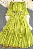 Chiffon Casual Dress Women Half Sleeve Sexy Off Should Vintage Party Dresses Ladies High Waist Solid Ruffles Long