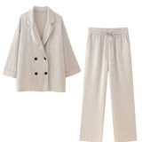 Fongt Women's INS Burst Wrinkles Blazer Blazer Casual Trousers Set