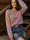 Fongt New Rainbow Striped Sweater Knitted Retro Round Long Sleeves Loose