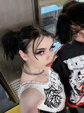 Dark Emo Printed Mall Gothic Lace Trim Tank Tops Grunge Punk Aesthetic White Bodycon Cropped Tops Harajuku Cute Alt