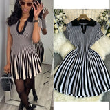 Fongt Retro-Necked Short-Sleeved Striped Knitted Dress Female Waist Temperament Thin A-Word Dress
